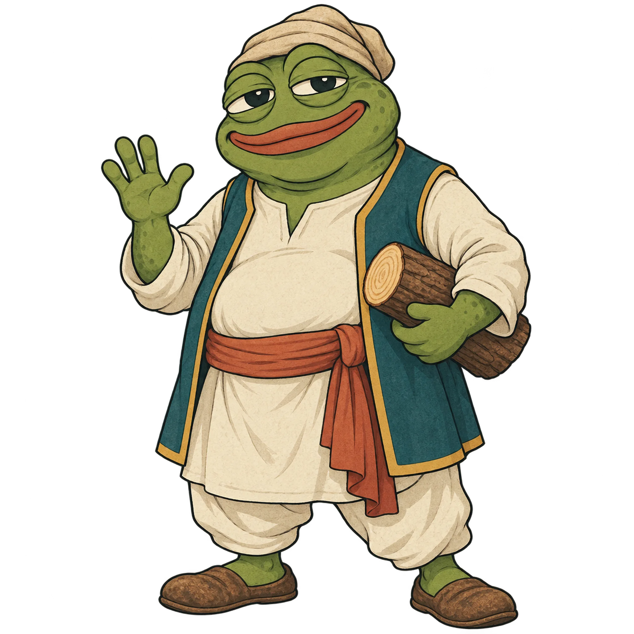 Ali the woodcutter frog waves, carrying a log on the woodland path.